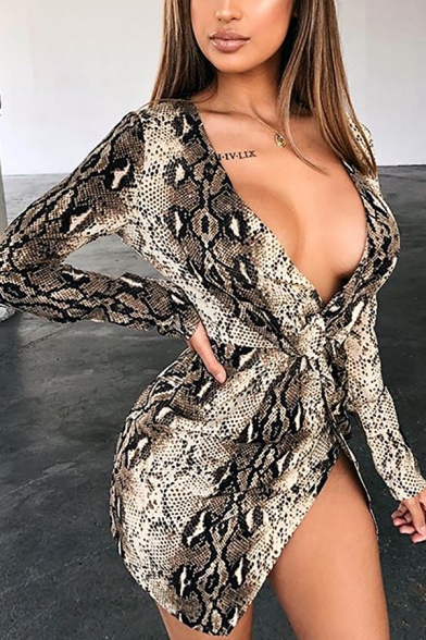 Womens Classic Snakeskin Printed Long Sleeve Deep V-Neck Knot Front Mini Fitted Wrap Dress