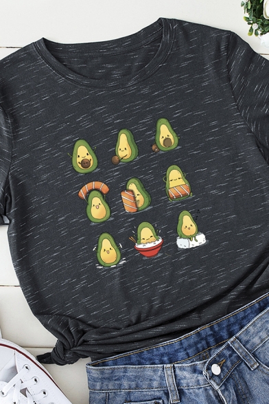 Womens Cute Avocado Spoof Printed Rolled Short Sleeve Loose T-Shirt