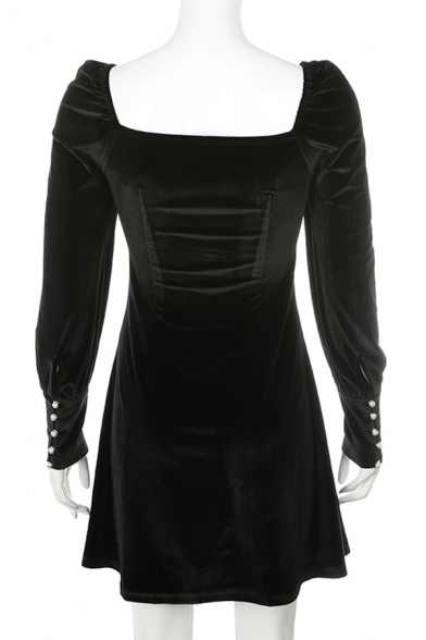 Womens Elegant Chic Plain Black Sweetheart Neck Long Sleeve  Mini Velvet A-Line Dress