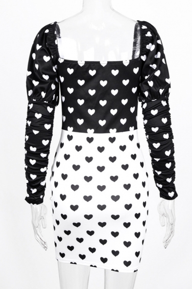 Womens Fashionable Allover Heart Pattern Color Block Puff Sleeve Backless Black and White Mini Sweetheart Dress for Club