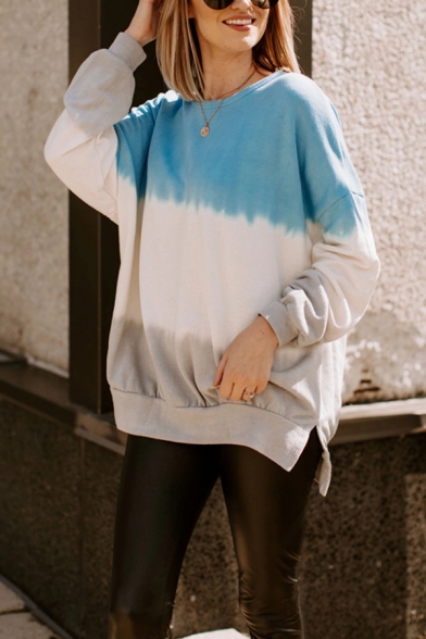 Womens Fashionable Color Block Long Sleeve Side Split Loose Fit Tunic Pullover Sweatshirt