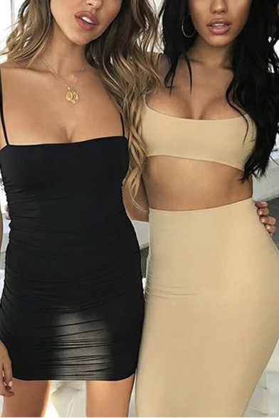 Womens Fashionable Plain Spaghetti Straps Fitted Mini Bandage Slip Dress for Nightclub