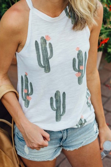 Womens Lovely Cactus Printed Sleeveless Regular Fit Tank Top