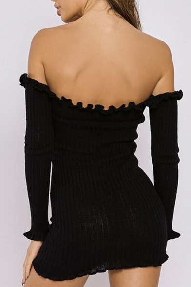 Womens Plain Stringy Selvedge Trim Off Shoulder Ribbed Knit Mini Party Dress