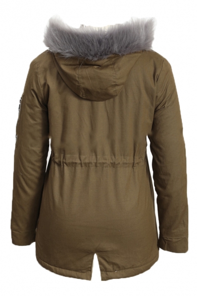 Womens Popular Fur Trimmed Hood Long Sleeve Split Back Drawstring Waist Parka Coat