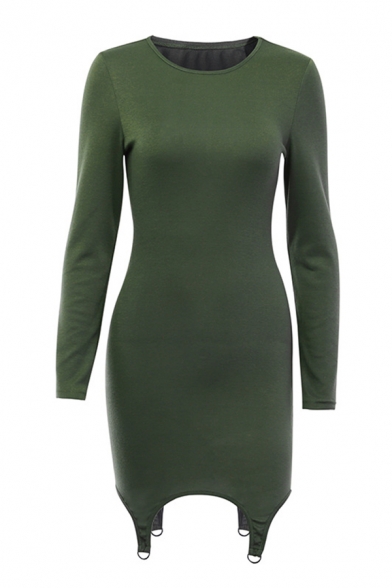 Womens Popular Solid Color Army Green Long Sleeve Asymmetric Hem Cool Clubwear Mini Dress