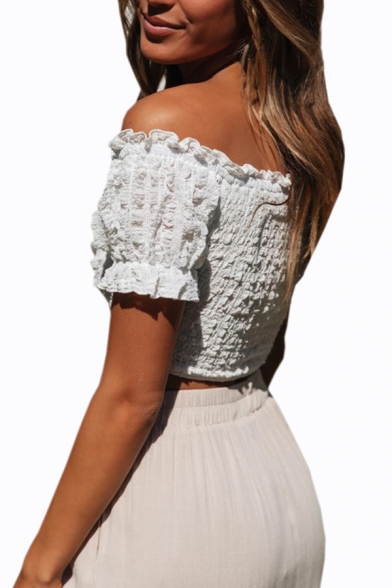 Womens Sexy Fashion Off the Shoulder Short Sleeve Ruched Drawstring Plain White Crop Top