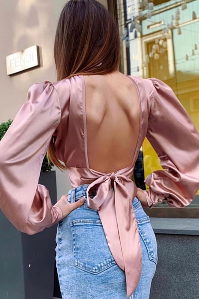 Womens Sexy Plain Pink High Collar Lantern Long-Sleeved Backless Tied Back Crop Silk Shirt