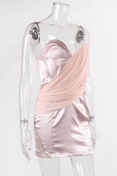 Womens Sexy Plain Pink Surplice Mesh Patchwork V-Neck Sleeveless Mini Party Bandeau Tube Dress