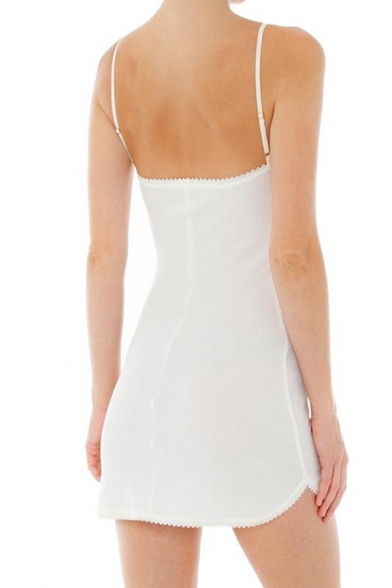 Womens Sexy Plain White Lace Stitching Arc Hem Mini Fitted Strap Dress