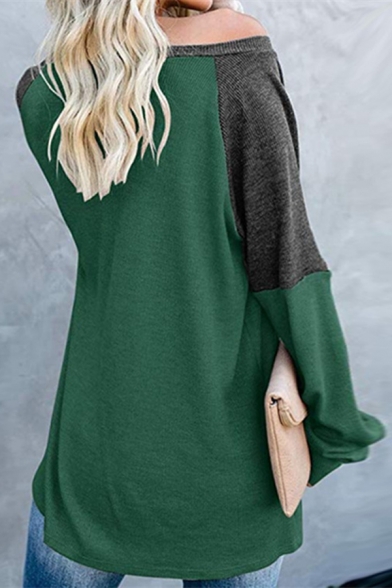 Womens Simple Colorblock Patched Long Sleeve Dark Green Oversized Basic T-Shirt