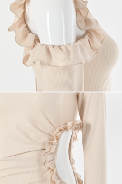 Womens Solid Color Designer Cutout Ruffles Embellished Long Sleeve Keyhole Back Mini Bodycon Dress