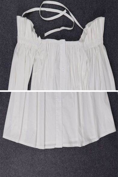Womens Stylish Plain White Button Down Bishop Sleeve Square Neck Mini A-Line Pleated Dress