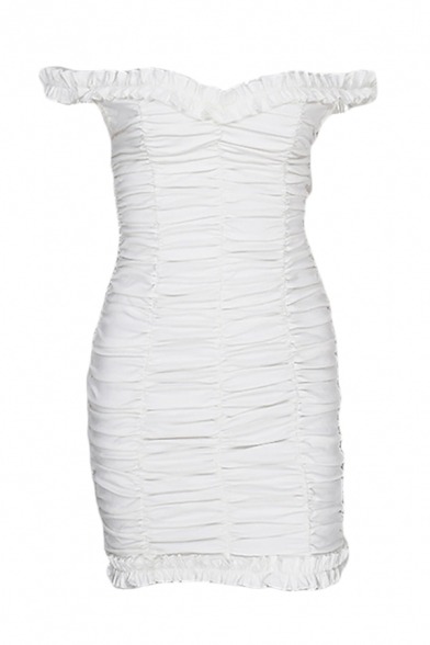 Womens Trendy Plain White Off Shoulder Mini Ruched Sheath Cocktail Dress