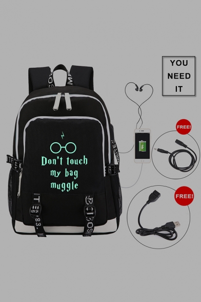 44*30*15cm Noctilucence Letter DON'T TOUCH MY BAG MUGGLE Print Black Casual Backpack with USB Charging