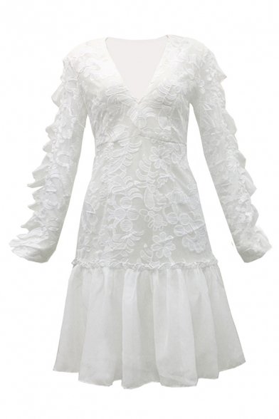Beautiful Ladies' Long Sleeve Deep V-Neck Floral Embroidered Ruffled Trim Patched Pleated Bodycon A-Line Dress in White