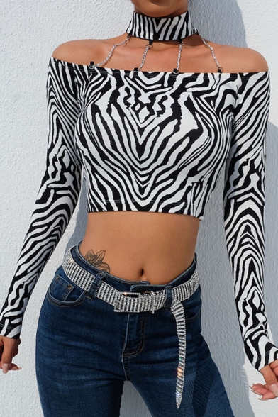Black Edgy Looks Long Sleeve Choker Chain Embellished Zebra Print Slim Crop T Shirt for Female