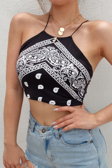 Bohemia Style Sleeveless Halter Cut Out Back Mixed Patterned Black Slim Crop Tank Top for Women