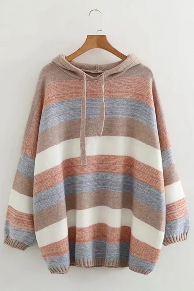 Colorful Striped Print Drop Shoulder Hooded Sweater Loose Drawstring Hoodie