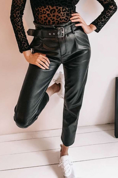 Cool Fancy Black Mid Rise Belted Ankle Length Leather Fitted Straight Pants for Women