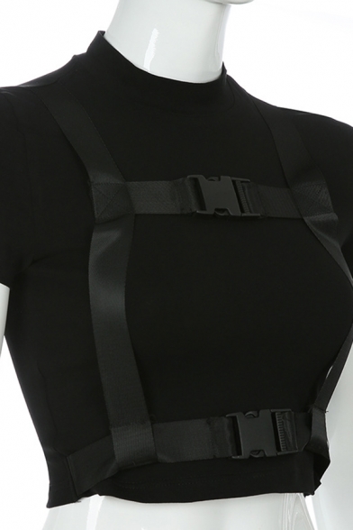 Cool Street Women's Short Sleeve Mock Neck Patched Buckle Strap Embellished Crop T-Shirt in Black