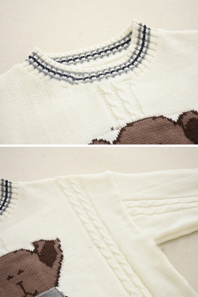 Cute Bear Embroidery Stripe Trim Round Neck Long Sleeves Oversized Knitted Sweater