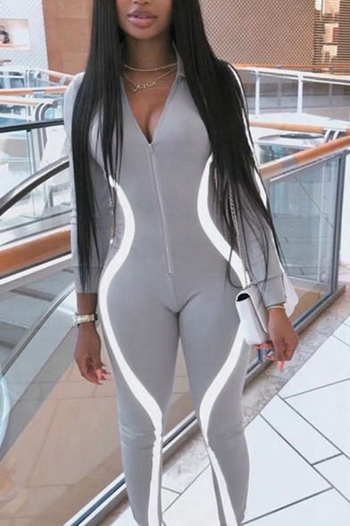 Edgy Girls' Long Sleeve Deep V-Neck Zipper Down Contrast Piped Reflective Long Tight Plain Jumpsuit