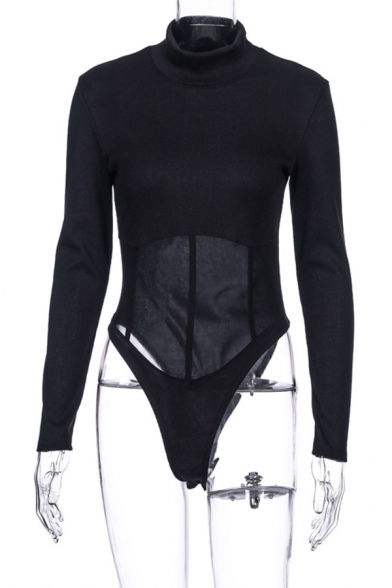 Edgy Girls' Long Sleeve High Neck Contrast Pipe Sheer Mesh Plain Fitted Bodysuit