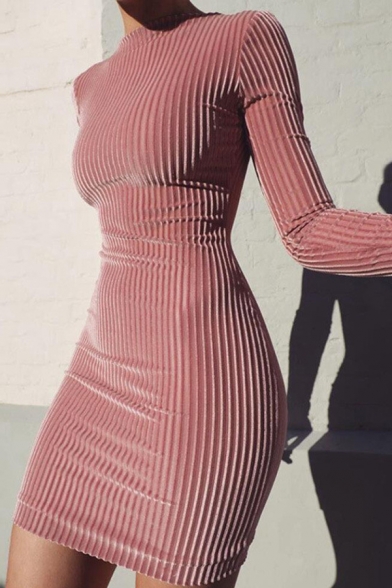 Edgy Womens Simple Striped Print Long Sleeve Plain Pink Mini Velvet Bodycon Dress for Party