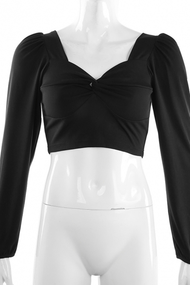 Fashion Girls' Long Sleeve V-Neck Structured Shoulder Twist Front Slim Fit Plain Crop Blouse