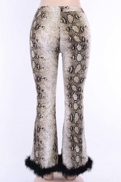 Fashion Unique Ladies' Mid Rise Snake Printed Fluffy Trim Long Slim Fit Flared Pants in Brown