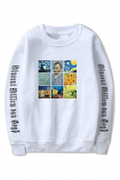 Funny Oil Paint Letter Printed Long Sleeve Crew Neck Loose Sweatshirt