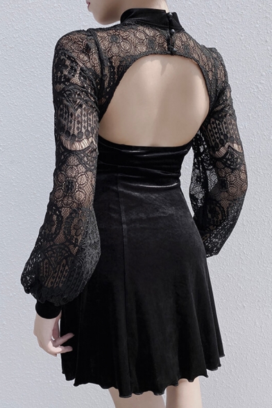 Girls Cool Popular Black Lace Patched Long Sleeve Cutout Detail Mini A-Line Night Club Dress