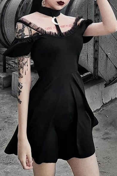 Girls Punk Black Lace Panel Straps Cold Shoulder Moon Pendant Halter Short Sleeve Mini A-Line Dress