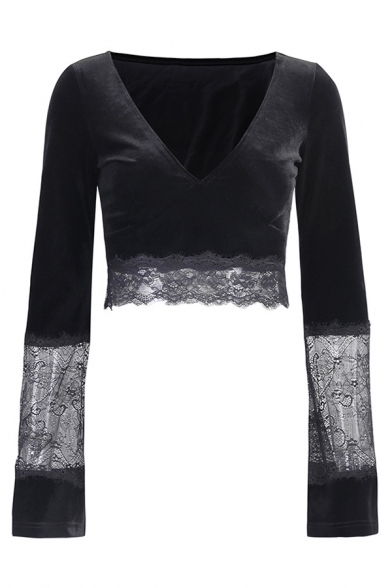 Gothic Girls' Bell Sleeve Deep V-Neck Sheer Lace Trim Slim Fit Velvet Black Crop T Shirt for Nightclub