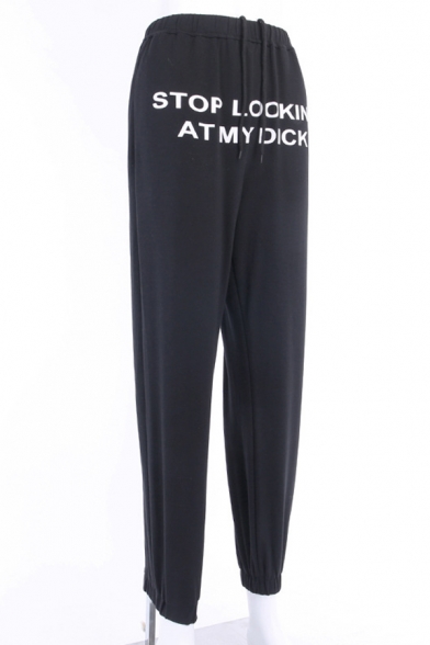 Hip Hop Plain Drawstring Waist Letter Print Cuffed Baggy Long Tapered Sweatpants for Cool Girls