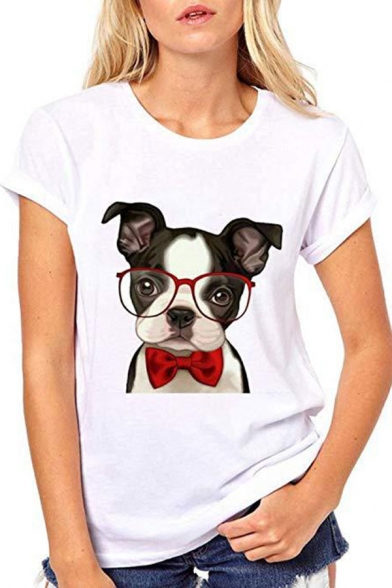 Ladies Cartoon Dog with Glasses High-heeled Shoes Print Short Sleeves White T-Shirt