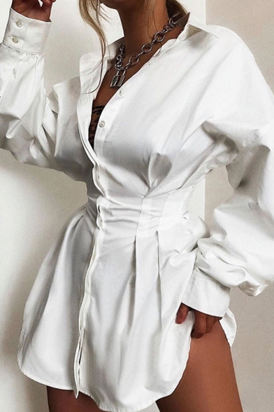Ladies Fashionable Long Sleeve Gathered Waist Button Up Curved Hem Plain White Mini Shirt Dress
