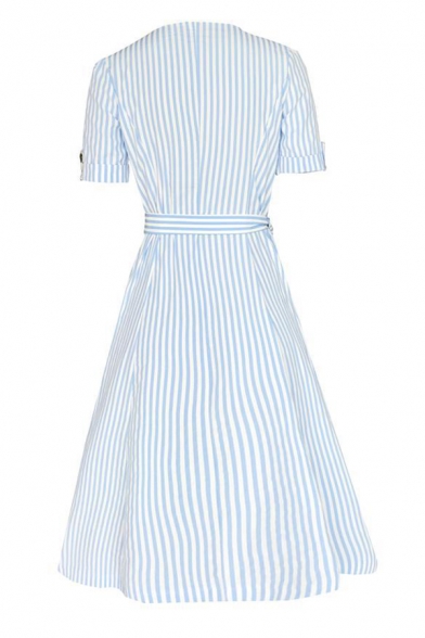 Ladies Gorgeous Short Sleeve V-Neck Button Down Belted Striped Slit Sheath Mid A-Line Dress