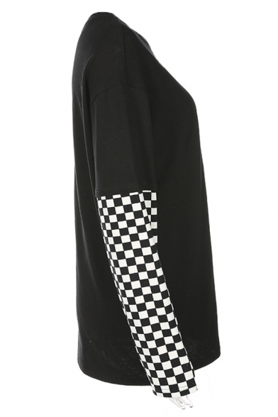 Loose Fit Long Sleeve Crew Neck Patchwork Checkerboard Print Flame Pattern Girls' Black Streetwear Tee