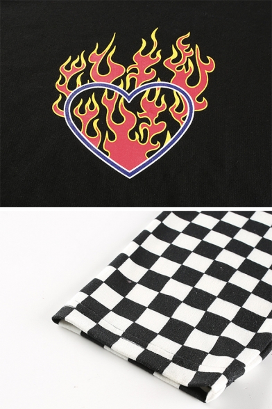Loose Fit Long Sleeve Crew Neck Patchwork Checkerboard Print Flame Pattern Girls' Black Streetwear Tee