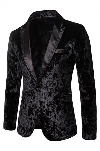 Men's Stylish Notch Lapel Long Sleeve One Button Fit Slim Velvet Tuxedo Blazer with Flap Pocket