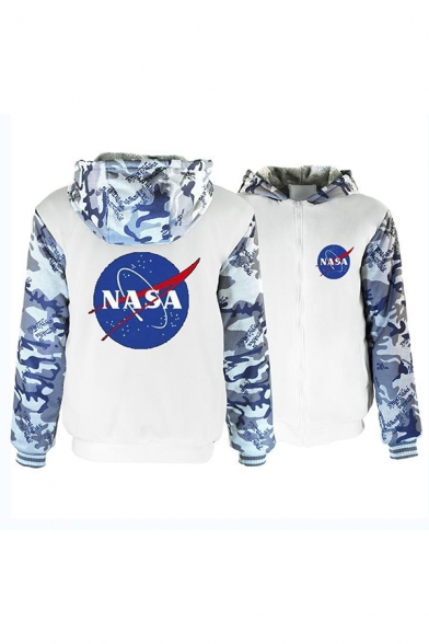 Mens Classic NASA Letter Print Colorblocked Long Sleeve Slim Fit Thick Hoodie