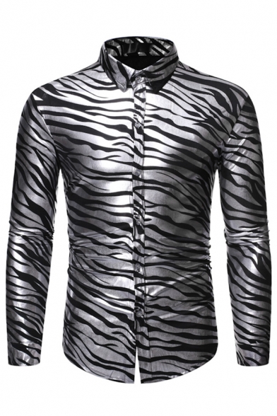 Mens Cool Metallic Zebra Printed Long Sleeve Button Up Skinny Fit Non-Iron Club Shirt
