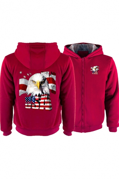 Mens Creative Letter USA Eagle Printed Colorblock Long Sleeve Zip Up Thick Hoodie