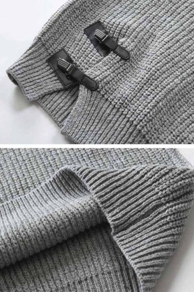 Mens Designer Leather Buckle Embellished Shawl Neck Cable Knitted Chunky Fitted Plain Sweater
