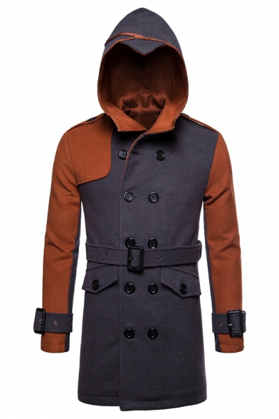 Mens Hot Fashionable Colorblock Panel Long Sleeve Double Breasted Longline Hooded Wool Pea Coat
