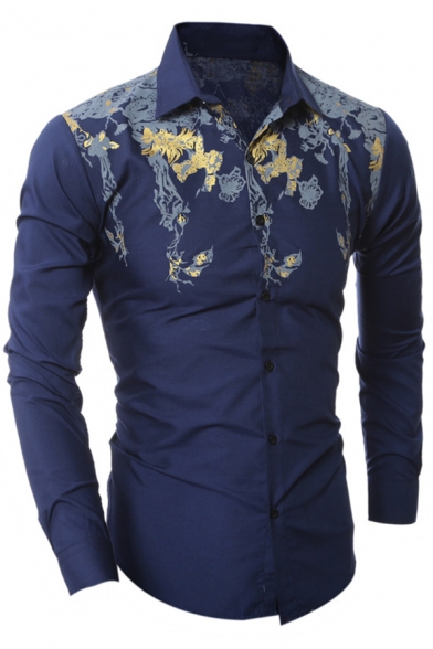Mens Popular Floral Print Long Sleeve Single Breasted Button Down Slim Fitted Shirt