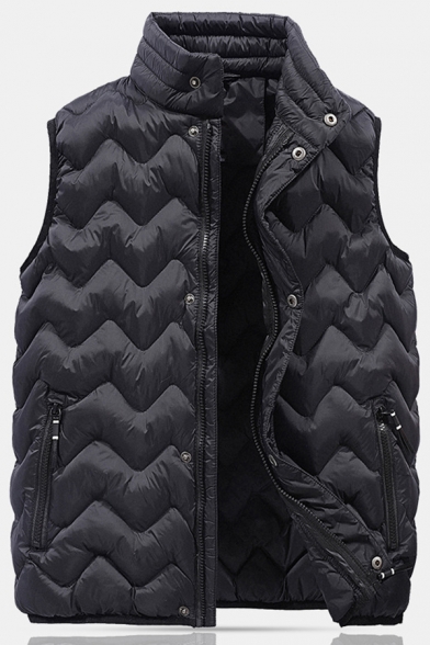 Mens Popular Solid Color Black Sleeveless High Collar Button Front Quilted Down Vest Coat
