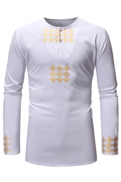 Mens Retro Geometric Pattern Long Sleeve Button Front African Style Tunic Shirt